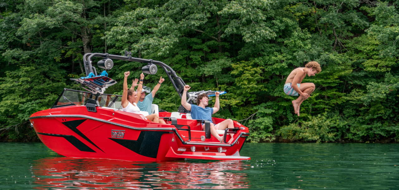 Family on Heyday H20 Wake Boat, Port-Stern View, Boat Anchored