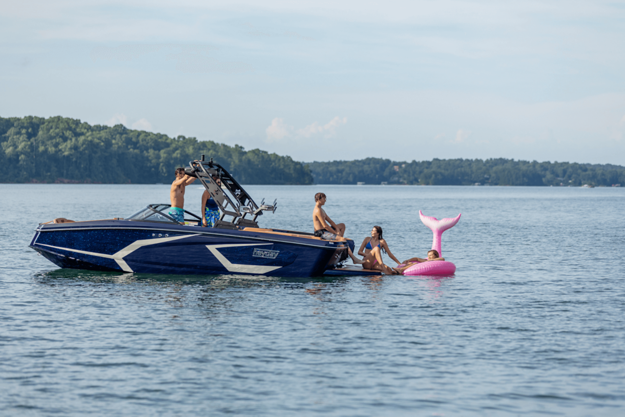Family of Five on Heyday Wake Boat, Port View, Boat Anchored