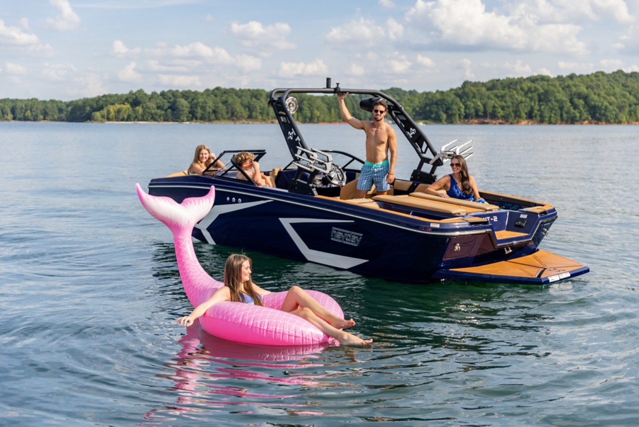 Four Friends on Heyday Wake Boat, Port-Stern View, Boat Underway